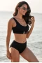 Womens 2pcs Black Textured Buckle Front Top With High Waist Bikini Set