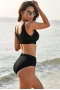 Womens 2pcs Black Textured Buckle Front Top With High Waist Bikini Set