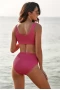 Womens 2pcs Rose Textured Buckle Front Top With High Waist Bikini Set