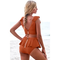 Womens 2Pcs Orange Open Back Ruffle Zipper Halter Top Shorts Tankini Set