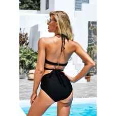 Womens 2Pcs Black Crisscross Ruched Backless High Waist Bikini Set