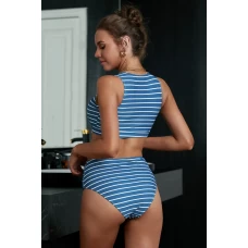 Womens 2Pcs Striped Tie Knot High Neck High Waist Bikini Set