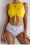 Womens 2Pcs Yellow Tie Knot High Neck High Waist Bikini Set