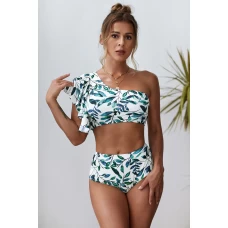 Womens 2pcs Green Leaves Print Ruffled Single Shoulder High Waist Bikini