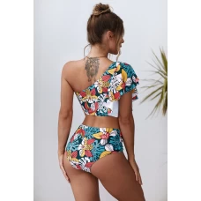 Womens 2pcs Multicolor Floral Print Ruffled Single Shoulder High Waist Bikini