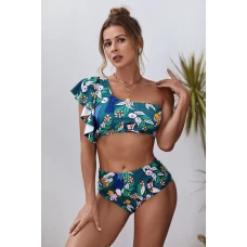 Womens 2pcs Green Floral Print Ruffled Single Shoulder High Waist Bikini
