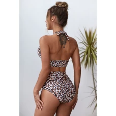 Womens 2pcs Khaki Halter V Neck Leopard High Waist Bikini Set