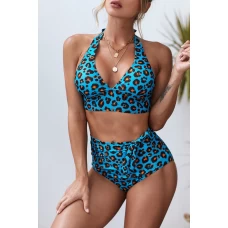 Womens 2pcs Blue Halter V Neck Leopard High Waist Bikini Set