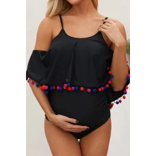 Maternity Black Cold Shoulder Pom Pom Swimsuit  