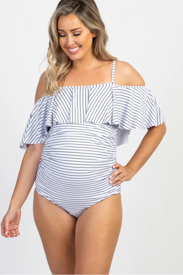 Maternity Off Shoulder White Striped Ruffle Trim Ruched One-Piece Swimsuit