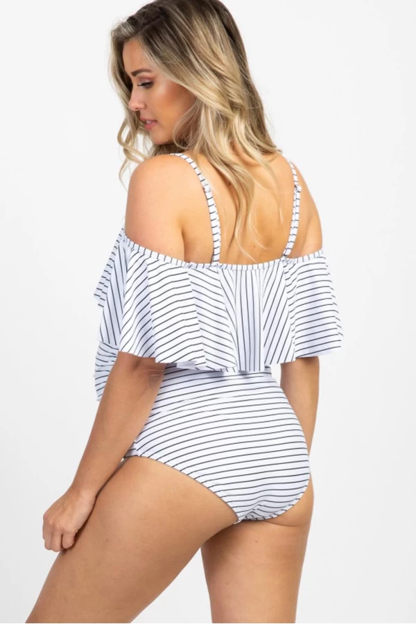 Maternity Off Shoulder White Striped Ruffle Trim Ruched One-Piece Swimsuit