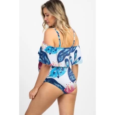 Maternity Off Shoulder Sky Blue Floral Ruffle Trim Ruched One-Piece Swimsuit