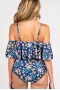 Maternity Off Shoulder Blue Floral Ruffle Trim Ruched One-Piece Swimsuit
