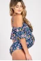 Maternity Off Shoulder Blue Floral Ruffle Trim Ruched One-Piece Swimsuit