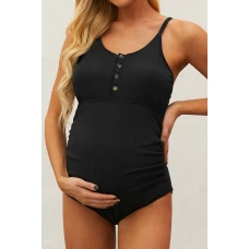 Maternity Black Ribbed Snap Front One-piece Swimsuit