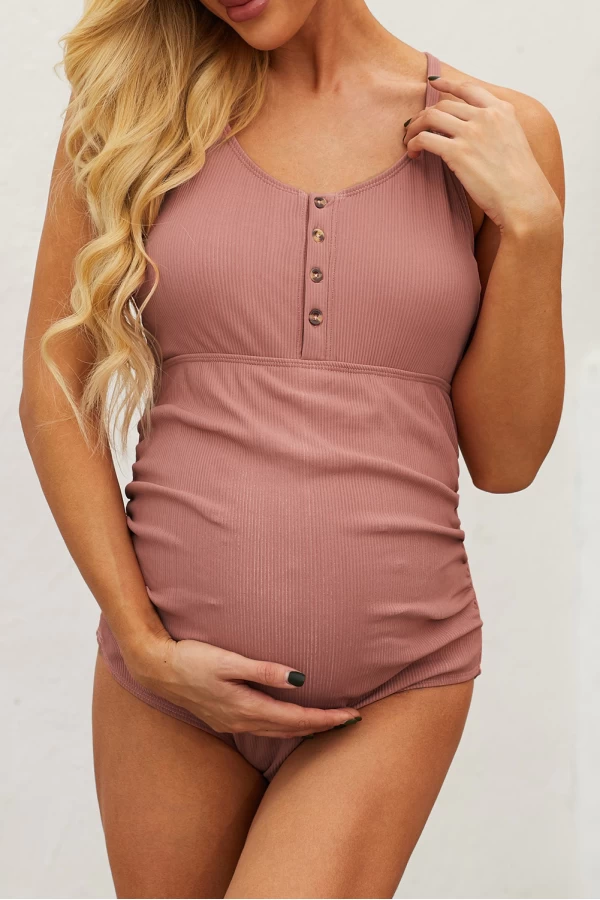 Maternity Red Ribbed Snap Front One-piece Swimsuit