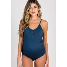 Maternity Blue Ribbed Snap Front One-piece Swimsuit