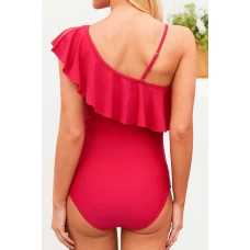 Maternity Red Ruffle Front One Shoulder Swimsuit