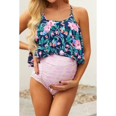 Maternity Blue Floral Print Top& Ruched Bottom Swimsuit