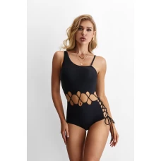 Women's Black Lace Up Cutout Asymmetric Shoulder One Piece Swimsuit