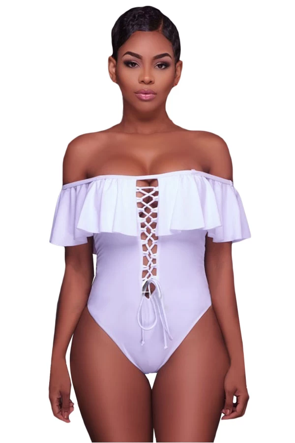 Women's White Ruffle Lace-up Cut Out Sling One Piece Swimsuit