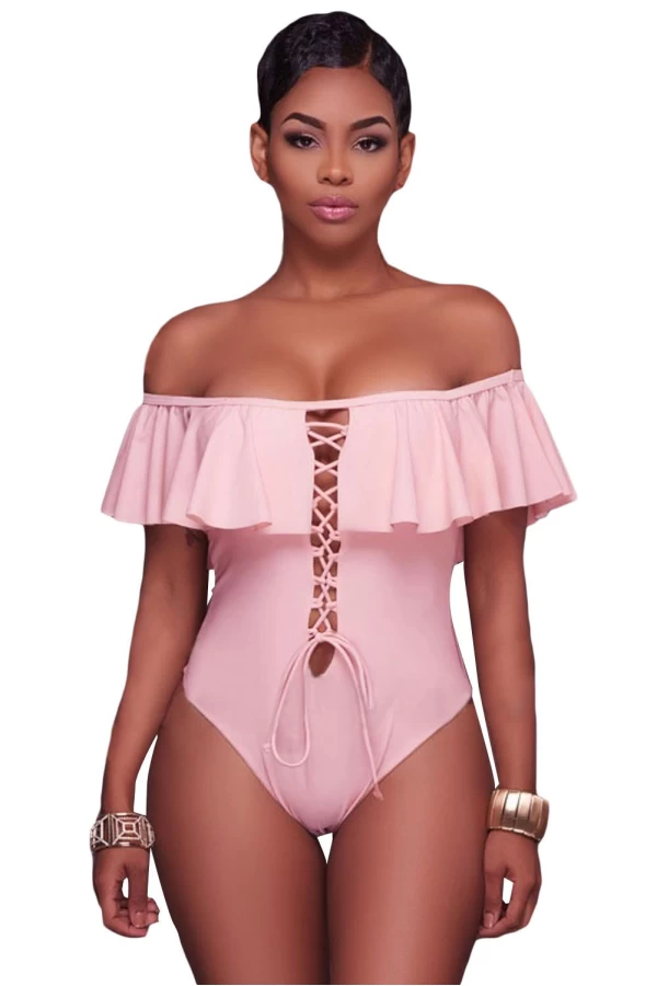 Women's Pink Ruffle Lace-up Cut Out Sling One Piece Swimsuit