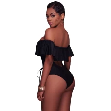 Women's Black Ruffle Lace-up Cut Out Sling One Piece Swimsuit