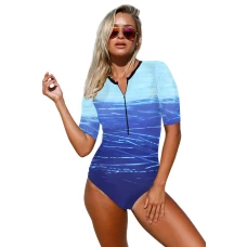 Women's Blue Print Zip Front Half Sleeve One Piece Swimsuit