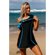 Women's Black Ruffle Details Swim Dress with Shorts