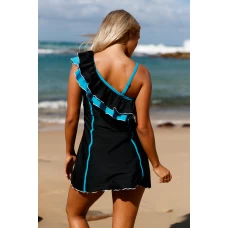 Women's Black Ruffle Details Swim Dress with Shorts