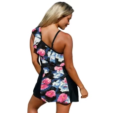 Chic Floral Print Colorblock Ruffle Details Swim Dress With Shorts