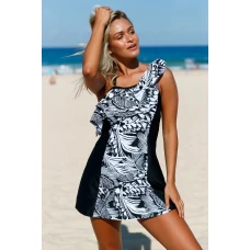 Leaf Pattern Colorblock Ruffle Details Swim Dress with Shorts