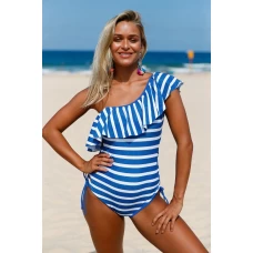 Women's Blue White Stripes Ruffle Grommet Lace up One Shoulder Swimsuit