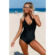 Women's Lace Ruffle Plunging V Cross Back One Piece Swimsuit Black 