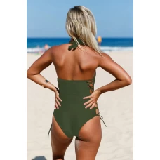 Women's Lace up Side Accent Open Back One-piece Swimsuit Green