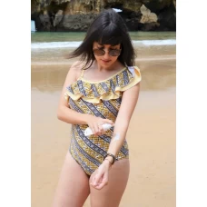 Women's Stylish Print Ruffle One Shoulder Medium Coverage Teddy Swimsuit