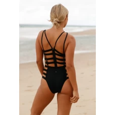 Women's Black Strappy Cutout Cheeky One Piece Bathing Suit