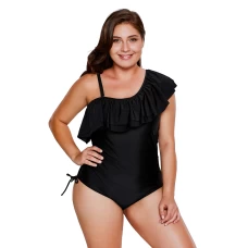Women's Black Spaghetti Strap Ruffle One Shoulder Swimsuit