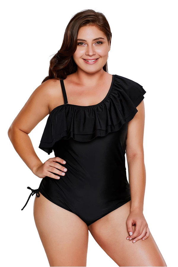 Women's Black Spaghetti Strap Ruffle One Shoulder Swimsuit