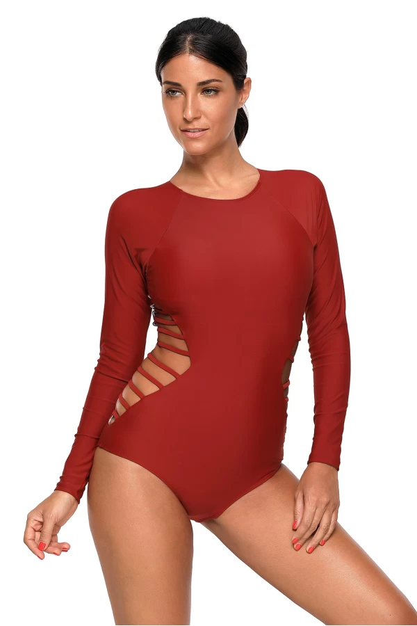 Red Long Sleeve Strappy Hollow-out High Neck One-piece Surf Swimsuit