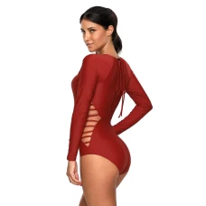 Red Long Sleeve Strappy Hollow-out High Neck One-piece Surf Swimsuit