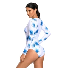 Women's Blue Dandelion Print White Long Sleeve High Coverage One Piece Swimsuit