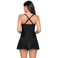 Women's Solid Black Ruched Cross Back Swimdress with Attached Shorts