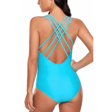 Women's Blue Mesh Plunging V Cutout Strappy One Piece Swimsuit