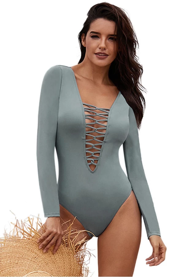 Gray Sexy V NeckLace up High Cut One Piece Swimsuit