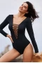 Black Sexy V NeckLace up High Cut One Piece Swimsuit