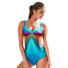 Women's Blue 3D Pattern Scoop Back V Neck Sport Maillot Swimsuit