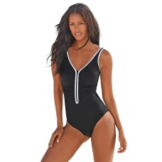 Women's Black Sporty V Neck Swimsuit with Contrast Piping