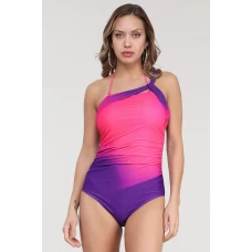 Purple Gradient Color Ruched Medium Coverage One-shoulder Maillot