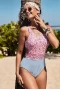  Retro Stripe Pink Floral Printed Spliced Zipped Racerback One Piece Swimsuit